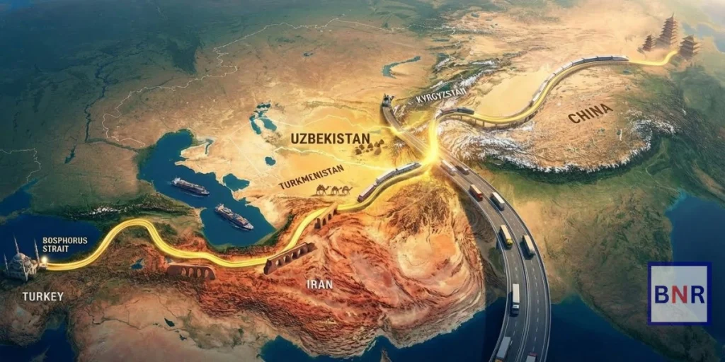 The China Kyrgyzstan Uzbekistan Turkmenistan Iran Turkey Corridor map